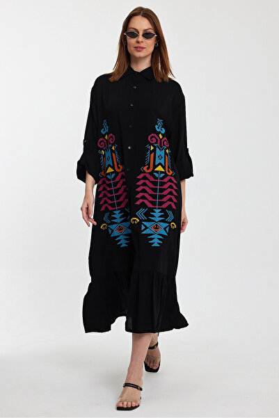 bacc Women's Black Embroidered Long Length Woven Shirt Dress Bcvl-24954