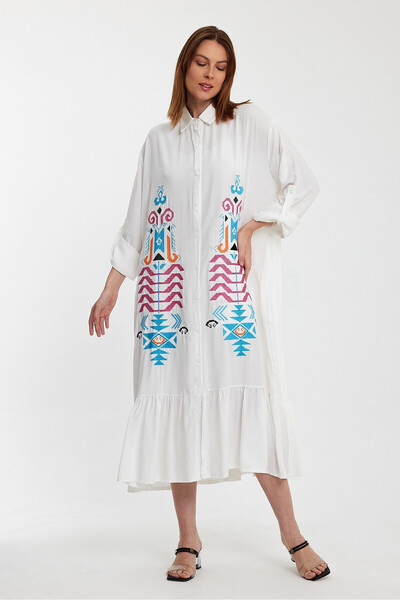 bacc Women's White Embroidered Long Length Woven Shirt Dress Bcvl-24954 Large Size Comfortable Fit