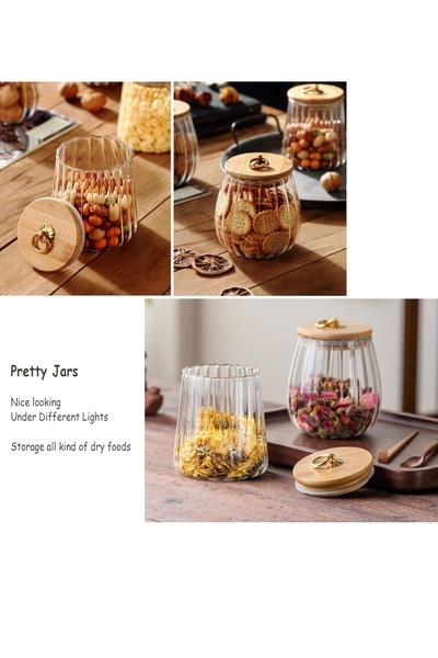 Yenigeldi 1 Piece 700 ml Striped Heat Resistant Glass Jar with Ring Bamboo Lid