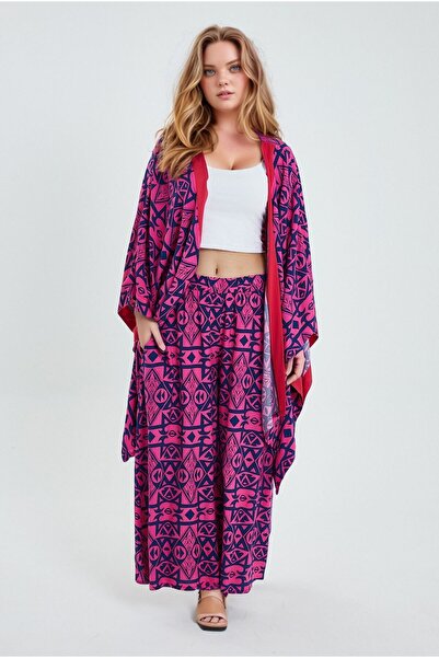 bacc Fuchsia Patterned Women's Kimono and Trousers Set - Bcvl-24951