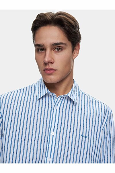 Ltb Keten Görünümlü Çizgili Regular Uzun Kollu Krem Gömlek