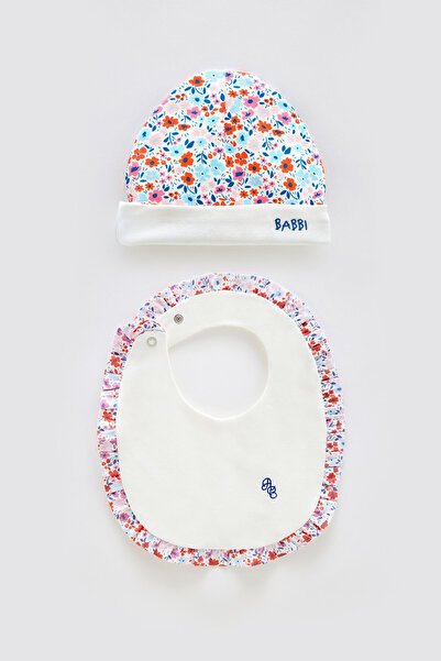 Atelier Babbi 100% Cotton Newborn Bib & Hat Set - Tiny Flowers/Red