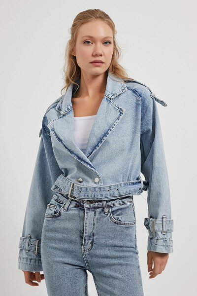 Arma Life Kadın Basic Kruvaze Yaka Buz Mavi Biker Kot Ceket