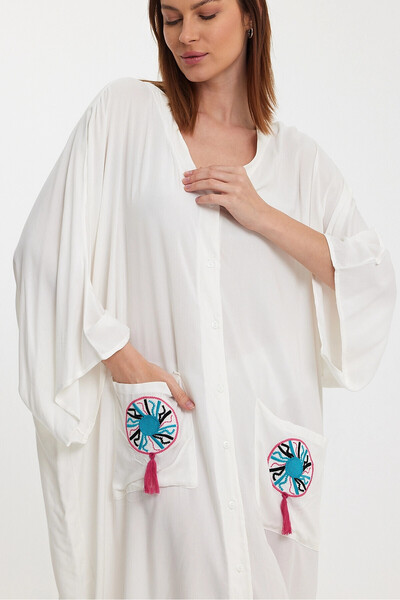 bacc White Embroidered Long Shirt Dress - Double Pocket, Loose Woven Bcvl-24948