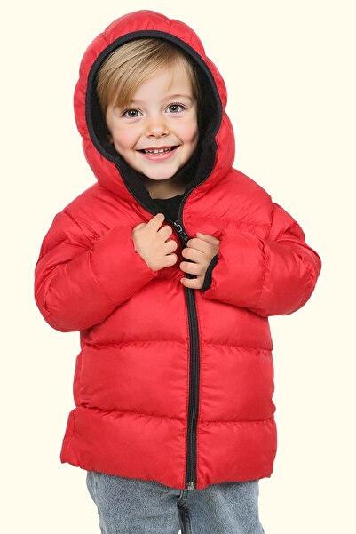 freemen Palton de iarnă cu glugă din lână roșie pentru băiat, cu blană rezistentă la apă și vânt