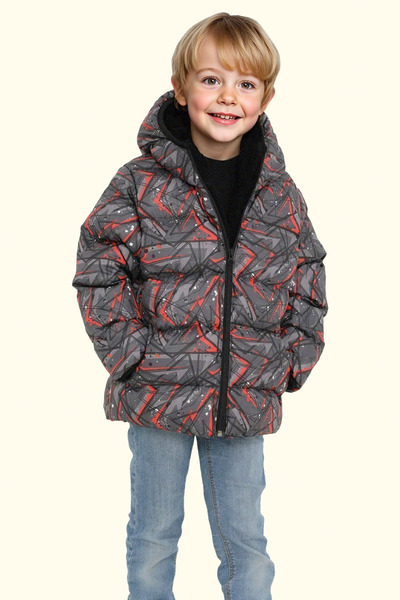 freemen Erkek Çocuk Siyah Geometrik Desen Polar Su Ve Rüzgar Geçirmez Kapüşonlu Şişme Kışlık Mont