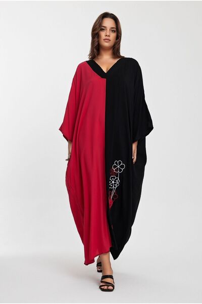 bacc Φούξια Colorblock Κέντημα Μακρύ Πουκάμισο Φόρεμα - V-Neck Bcvl-24958