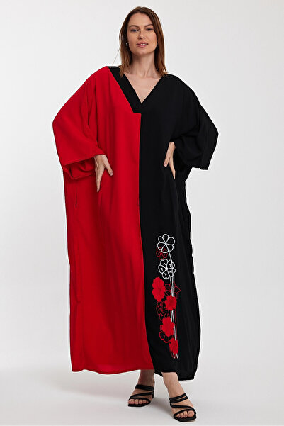 bacc Red Color Blocked Embroidered Long Shirt Dress - V-Neck Bcvl-24958
