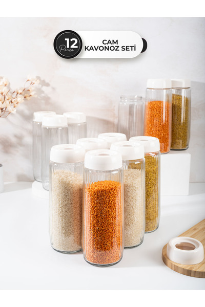 Homekolik Set of 12 Long Glass Jars with White Lids 1500 ml - Storage Container Set for Legumes/Pasta/Flour-Sugar