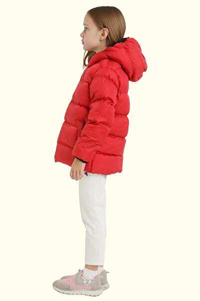 freemen Kız Çocuk Kırmızı Polarlı Kürklü Kapüşonlu Su Geçirmez Rüzgara Dayanıklı Şişme Kışlık Mont