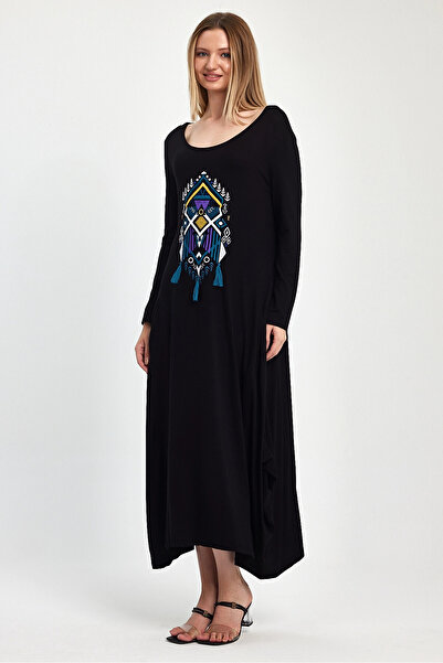 bacc Μαύρο μακρύ φόρεμα με κέντημα και φούντα - Διπλή τσέπη, μακρυμάνικο, Bcvl- 241006