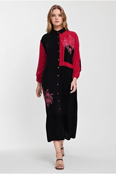 bacc Women's Black Color Blocked Embroidery Embroidered Long Length Woven Shirt Dress Bcvl- 241000
