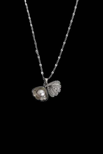 TWOGAN Deniz Kabuğu İnci Detaylı Gümüş Renk Zirkon Taşlı Çelik Kolye, İstirid...