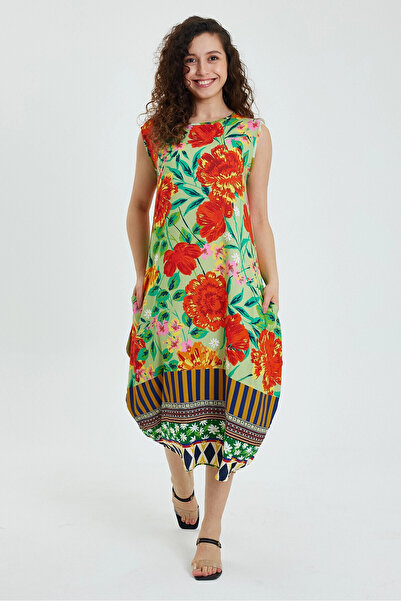 bacc Γυναικείο αμάνικο φόρεμα με πράσινο λουλούδι με λαιμόκοψη - Bcvl- 241008