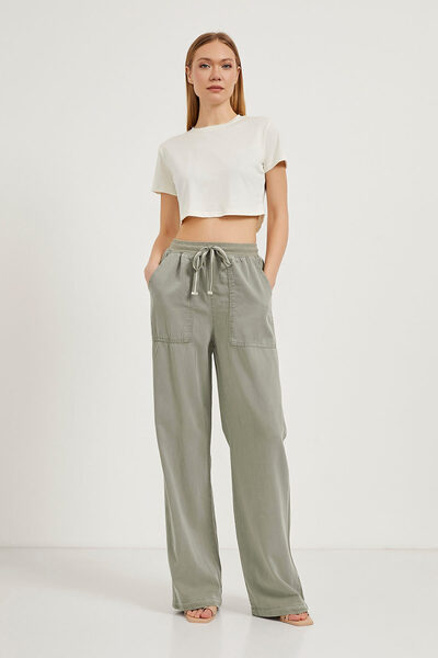 Arma Life Women's Elastic Waist Baggy Fit Khaki Palazzo Trousers