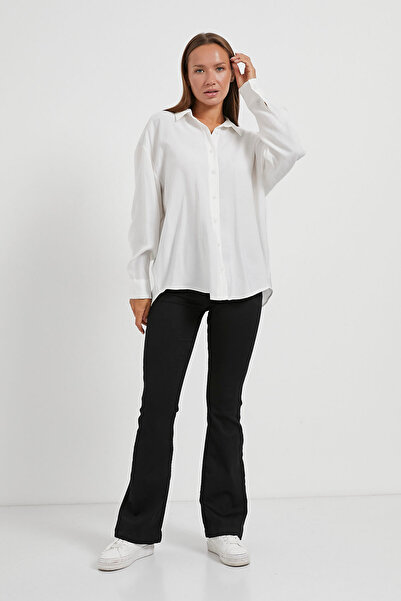 Arma Life Women's Long Sleeve Basic Polo Neck White Loose Shirt