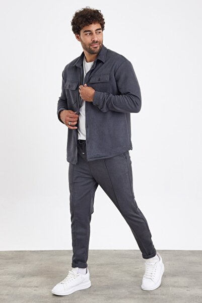 MADZEYMODA Új szezon férfi nadrág és ing 2 részes szürke velúr szett Mz0802