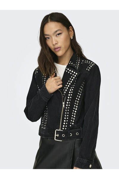 ONLY Jachetă neagră pentru femei Onlgilla Ls Stud Dnm Biker Cro Jacket 15300529-Negru