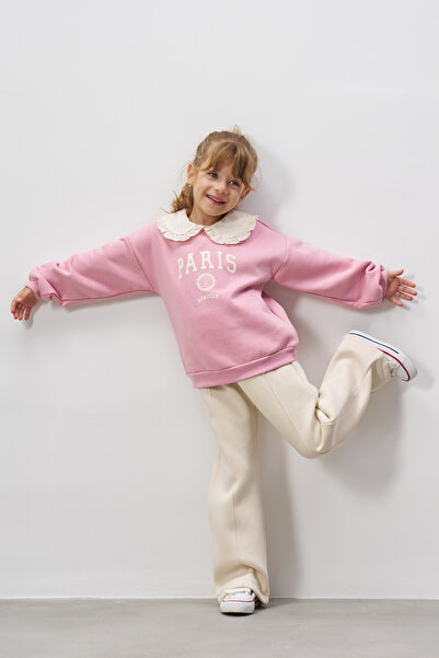 Minipodyum Printed Brode Collar Girl's Bottom Top Set