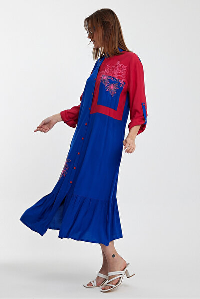 bacc Long Length Saks Colorful Embroidered Woven Shirt Dress - Bcvl-241000