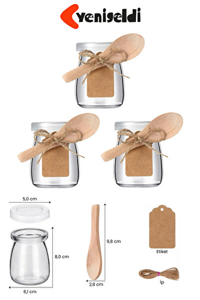 Yenigeldi 3 Adet Mantar Kapaklı Cam Kavanoz Kaşıklar Kapaklı Yoğurt Kapları Ş...