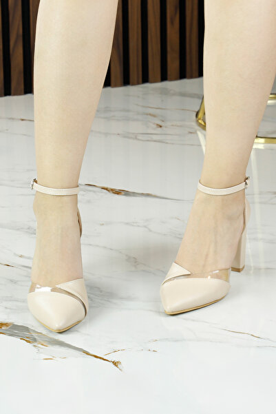 Erkan Saçmacı Aurora Beige Vegan Transparent Design Pointed Toe Thick Heeled Classic Shoes