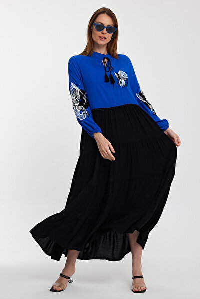 bacc Color Block Embroidery Detail Prevailing Collar Long Shirt Dress - Bcvl-24996 Plus Size