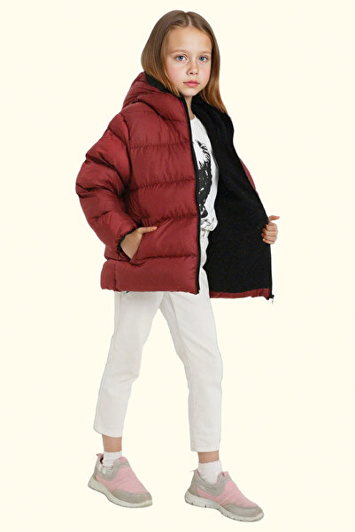 freemen Çocuk Bordo Polarlı Kürklü Kapüşonlu Su Geçirmez Rüzgara Dayanıklı Şişme Kışlık Mont