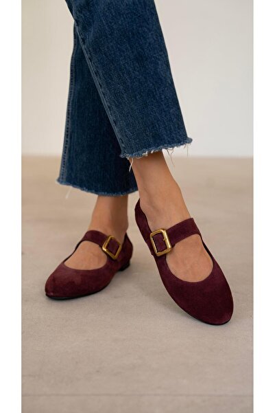 ECENİN BUTİĞİ Coala Bordo Süet   Hakiki Deri   Babet