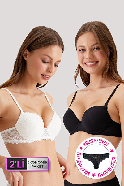 Pierre Cardin Economic Pack of 2 6351-3 Black Ecru Madrid Non-Support Lace and Micro Bra Set (Slip with Gift)