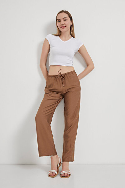 Arma Life Γυναικείο ελαστικό παντελόνι με μέση χαλαρό φαρδύ καφέ φαρδύ παντελόνι