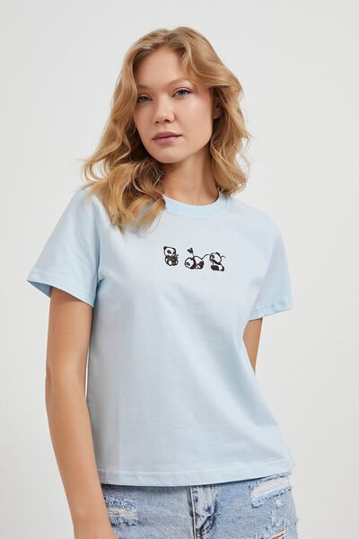 Arma Life Γυναικείο μπλουζάκι με σχέδιο Panda με λαιμόκοψη, φαρδύ μπλε μπλουζάκι