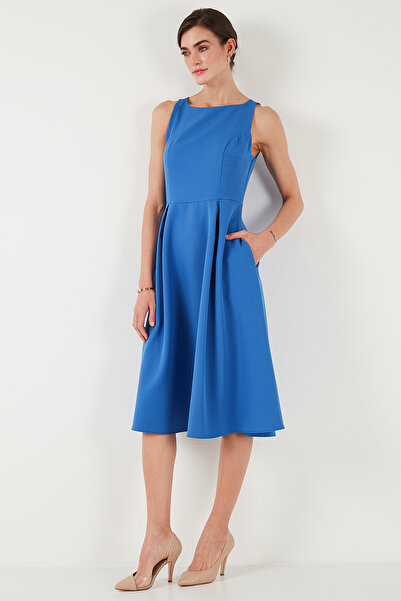 Lela Bisiklet Yaka Regular Fit Cepli Pileli Midi Elbise ELBİSE 6051963
