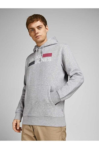 Jack & Jones Чоловічий сірий світшот з логотипом Jjecorp та капюшоном Noos 12152840-Lightgrey