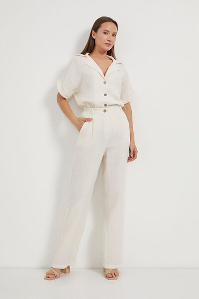Arma Life Women's Elastic Waist Buttoned Muslin Ecru Loose Trousers