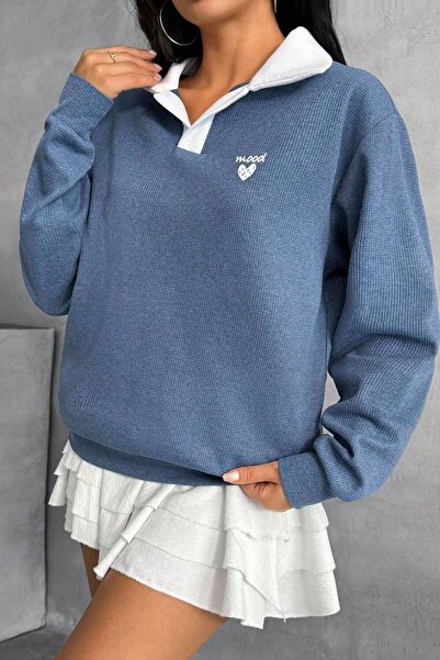 Mood Lab Polo Yaka Kalp Nakış Detaylı Waffle Kumaş Mevsimlik Sweatshirt