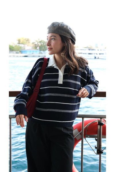Butik Una Fiaba Navy Blue Three Button Striped Knitwear Shirt Collar Sweater