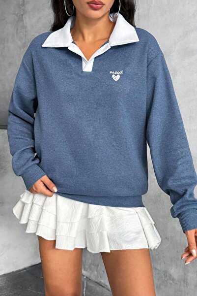 Mood Lab Polo Yaka Kalp Nakış Detaylı Waffle Kumaş Mevsimlik Sweatshirt
