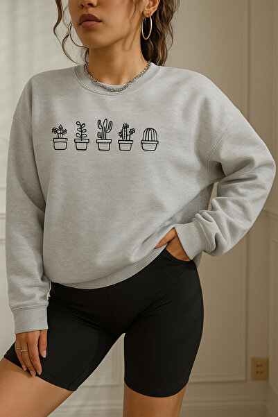 BENROMA سويت شيرت رمادي مطبوع عليه صبار من القطن الممشط بثلاثة خيوط