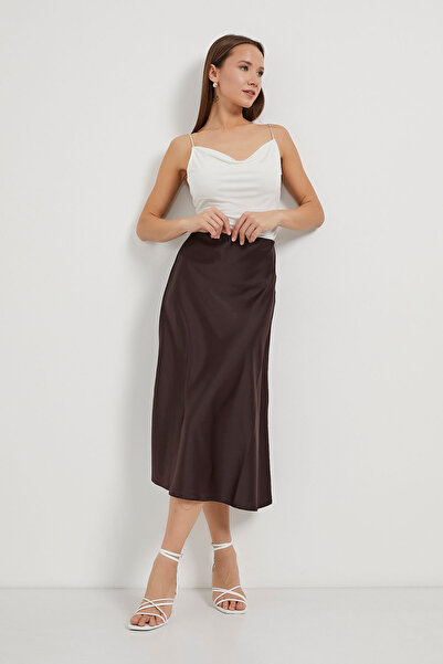 Arma Life Women's Side Zipper Summer Long Brown Satin Skirt