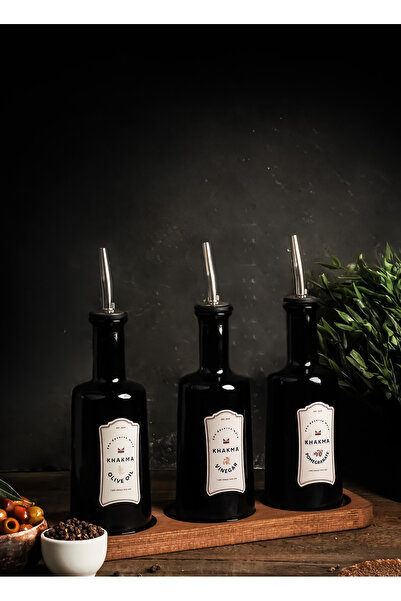 KHAKMA Set of 3 Black Glass Oil Bottles with Wooden Stand - Olive Oil, Vinegar, Pomegranate Vinegar Bottle |   200ml