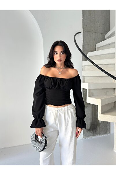 REELMODA DÁMSKÉ LODĚ KRK DÍVKA DETAIL BALÓNOVÝ RUKÁV CREPE BLUZ