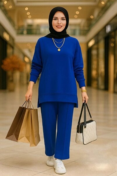 Mercan KUMSAL TAKIM Kristal İki İplik Tesettür Alt Üst İkili Takım Rahat Spor Şık İndigo