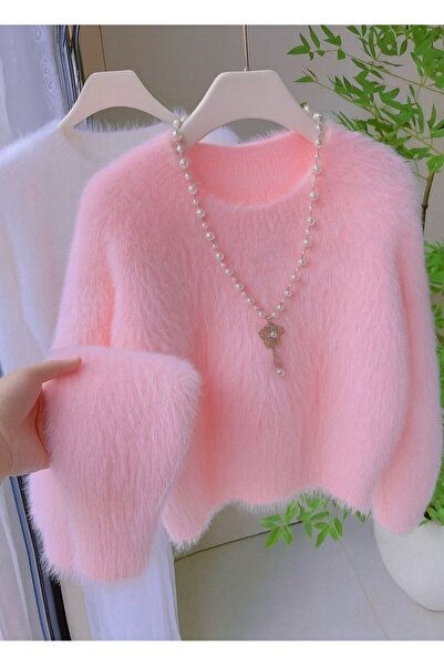 Kadın Pembe Peluş Görünüm Bisiklet Yaka Uzun Tüylü Yumoş Triko Kazak