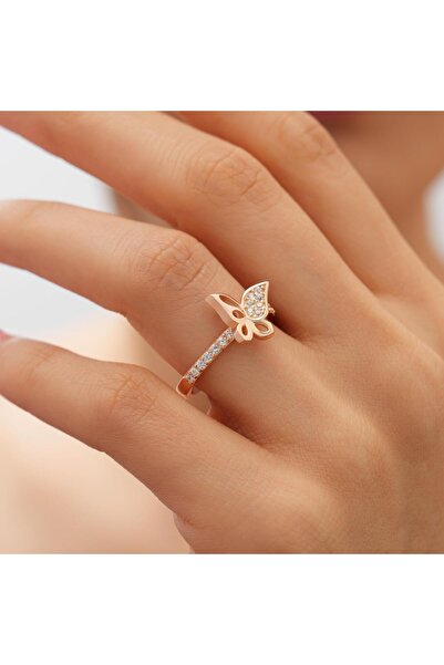 Siset Gümüş 925 Ayar Gold Rose Kaplama Zirkon Taşlı Kelebek Model Gümüş Yüzük