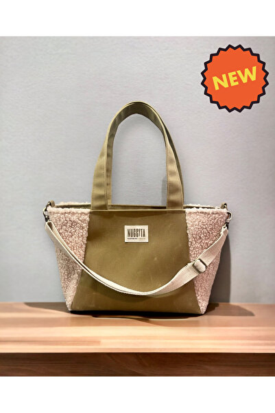 Nuggita Teddy Peluş Detaylı Mumlu Kanvas Hardal Rengi Fermuarlı Omuz Çantası