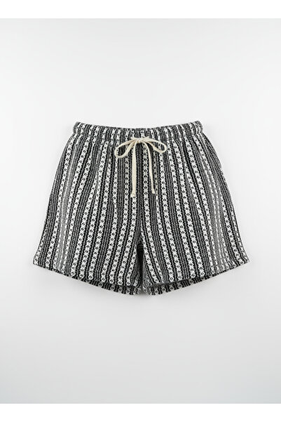 Cherry Lane Siyah Beyaz Çizgili Çiçekli Triko Şort