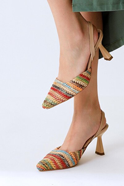 Limoya Maddy Multicolored Knit Detailed Pointed Toe Heeled Women's Sandals
