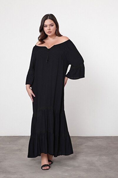 bacc Rochie de damă, lungă, neagră, cu decolteu barcă, din viscoză țesută Bcv...