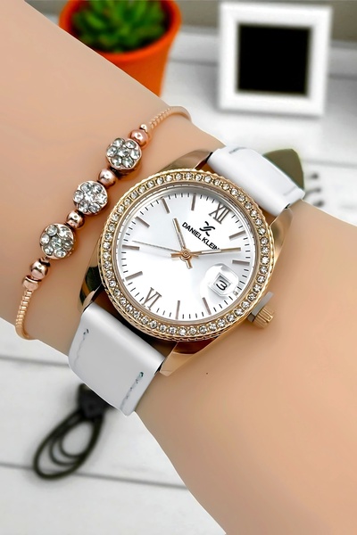Daniel Klein Women's Wristwatch, Leather Cord, Steel Case+Bracelet Gift White-Rose Zmdk1198